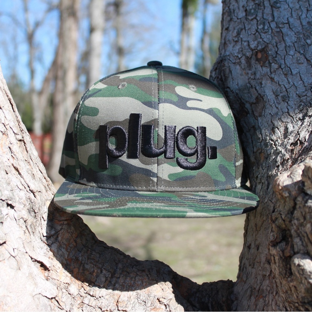 Camo "plug." Embroidered Snapback Hat - Yupoong Adjustable Cap